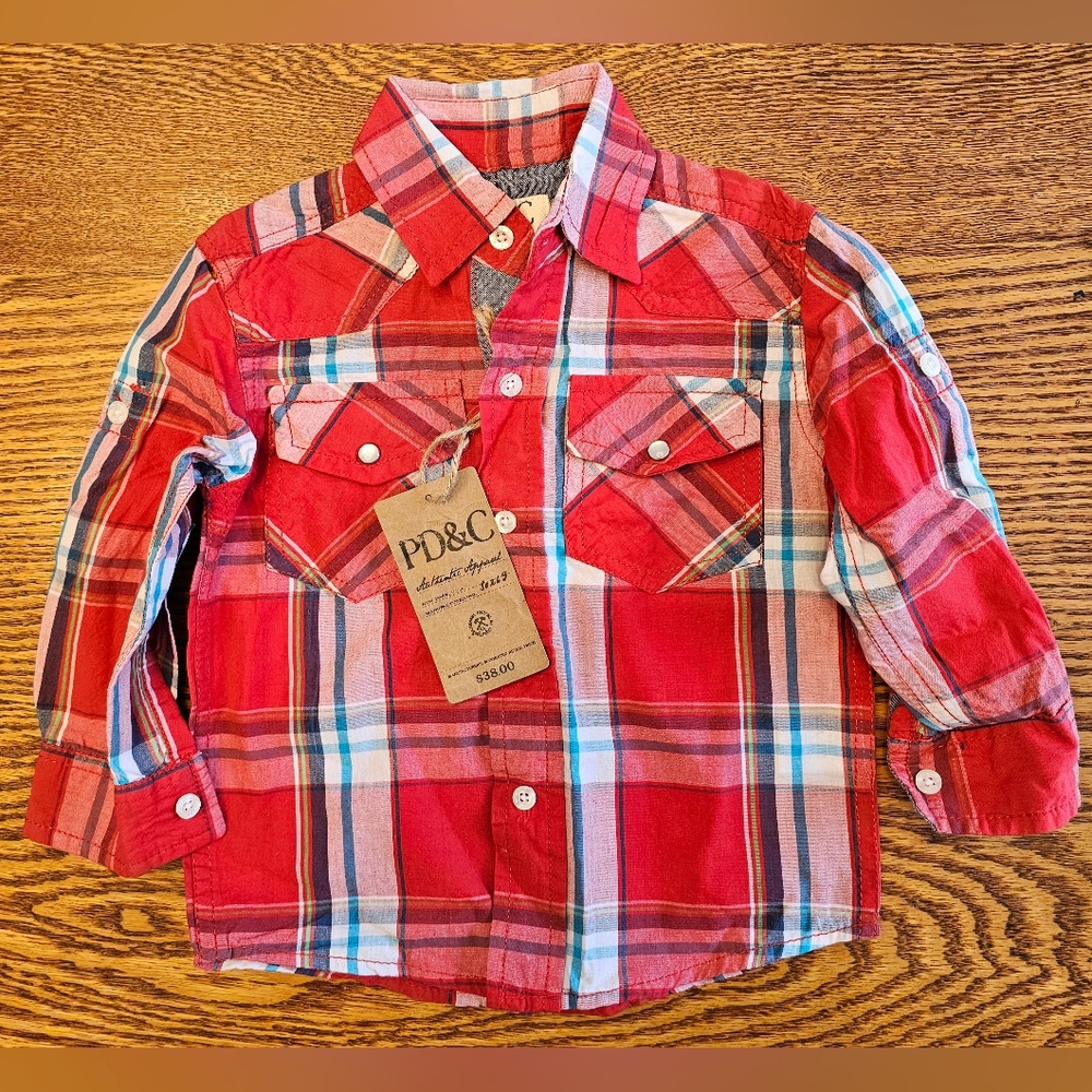 PD&C Toddler Boy red plaid Button Down Shirt 2T - NWT